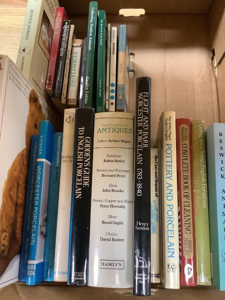 A quantity of mixed reference books to include The Care and Repair of Antiques, The Beswick Price Guide, The Encyclopedia of Antiques, Worcester Porcelain, Restoring Antiques etc.